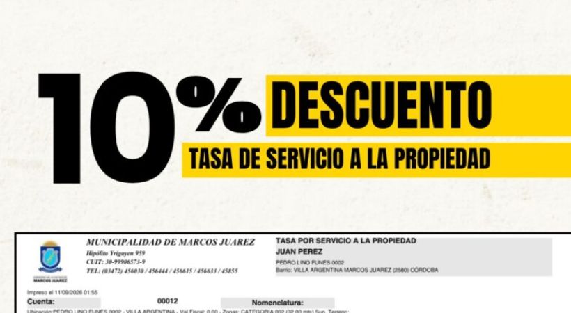 Tasa a la Propiedad en Marcos Juárez: cómo acceder al 10% de descuento pagando las cuotas restantes de 2026